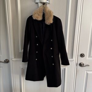 Topshop Black Pea Coat with Faux Fur Collar